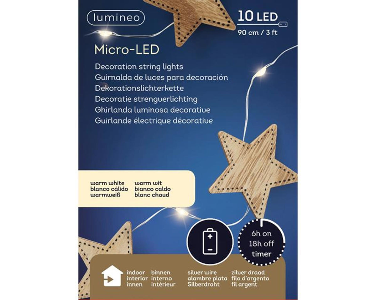 Lumineo micro LED dekoracyjne oświetlenie sznurkowe 10 lamp w kolorze ciepłej bieli z drewnem