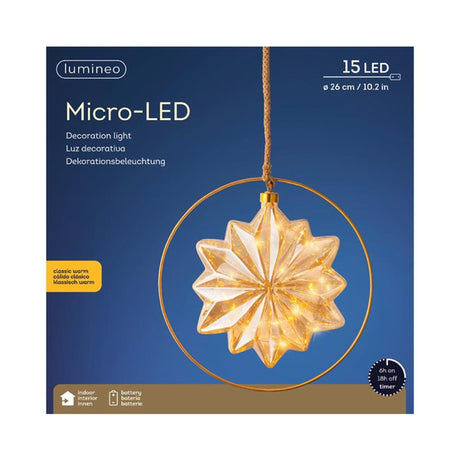 Lumineo LED szkło gwiazdowe z 15 lampkami mikroLED w metalowym pierścieniu - ø 26cm, na baterie z timerem