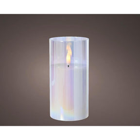 Lumineo świeca ked w szkle do wnętrz z efektem płomienia i timerem śr.7,5x15cm opalizująca