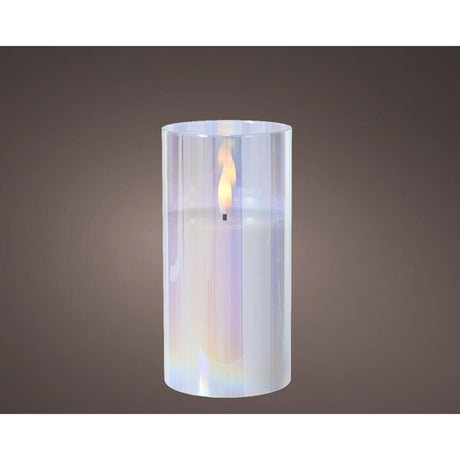 Lumineo świeca ked w szkle do wnętrz z efektem płomienia i timerem śr.7,5x15cm opalizująca