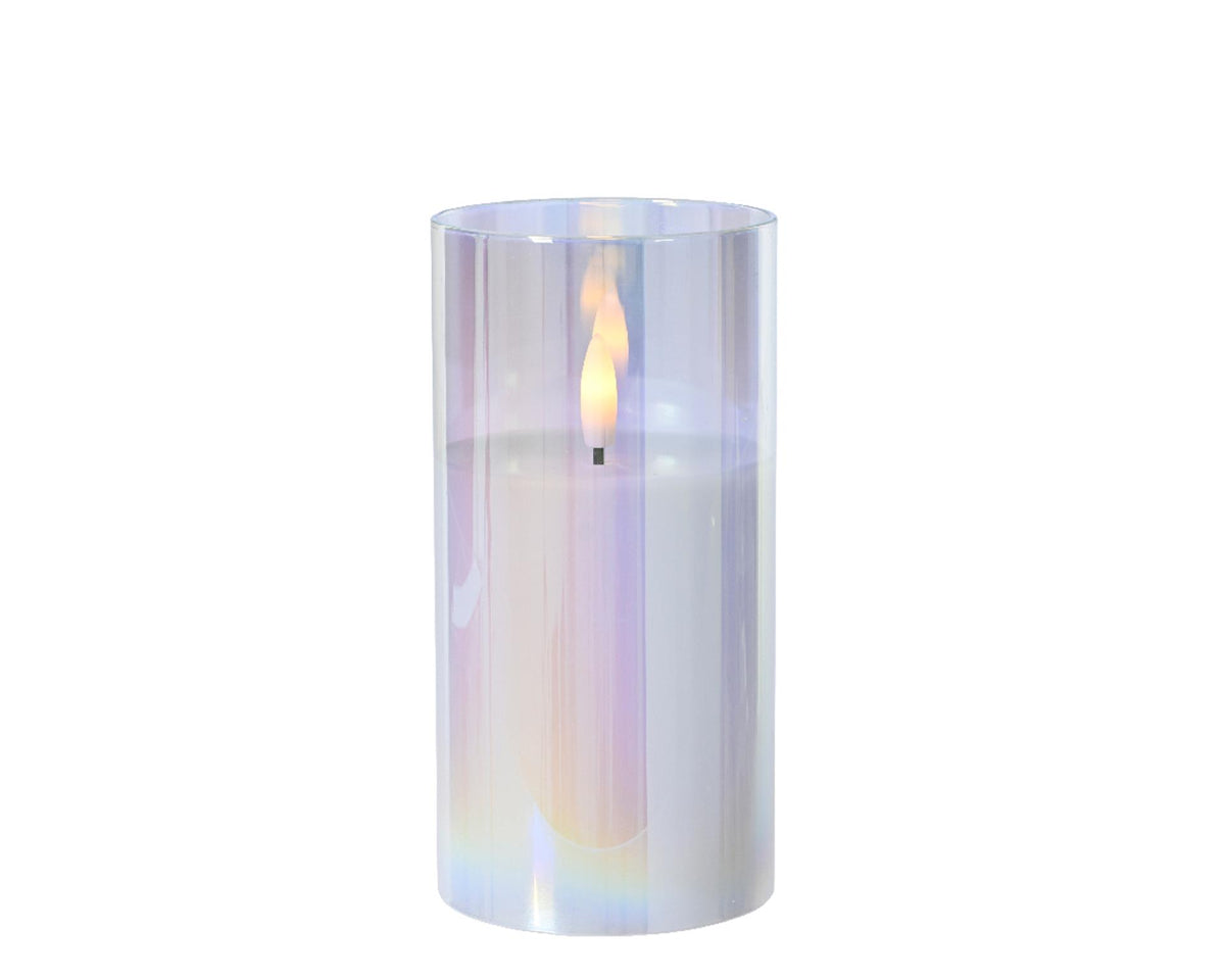 Lumineo świeca ked w szkle do wnętrz z efektem płomienia i timerem śr.7,5x15cm opalizująca