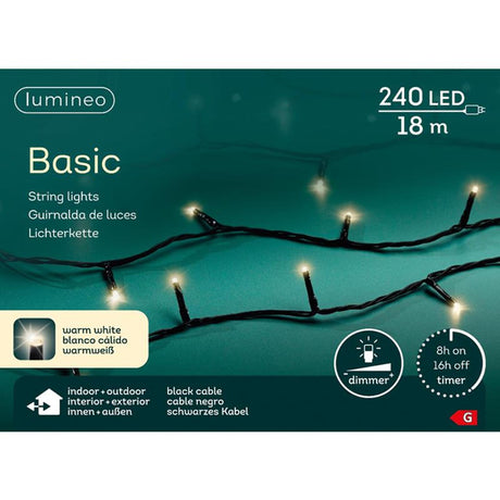 Oświetlenie łańcuchowe LED Lumineo do użytku wewnątrz i na zewnątrz 18 m 240 świateł o barwie ciepłej bieli. z 8-godzinnym timerem i funkcją ściemniania