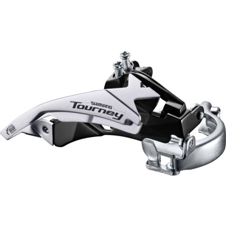 Przerzutka przednia Shimano 3 x 6 7-biegowa turniejowa FD-TY510 top swing z podwójnym uciągiem - niski zacisk - 42t (66-69°) - czarny srebrny