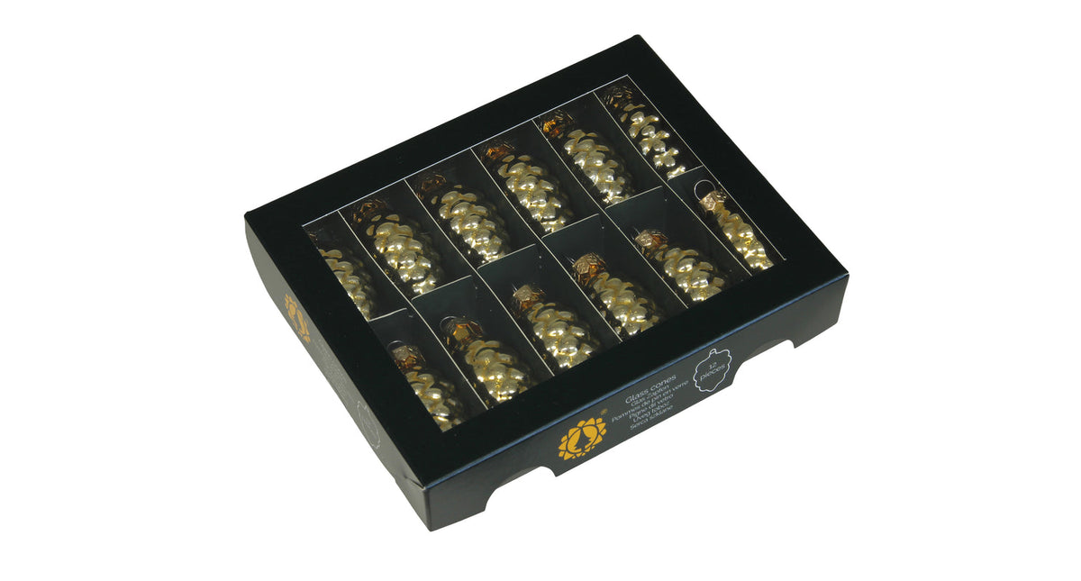 W b. 12 glass cones cap bright gold shiny 60 mm