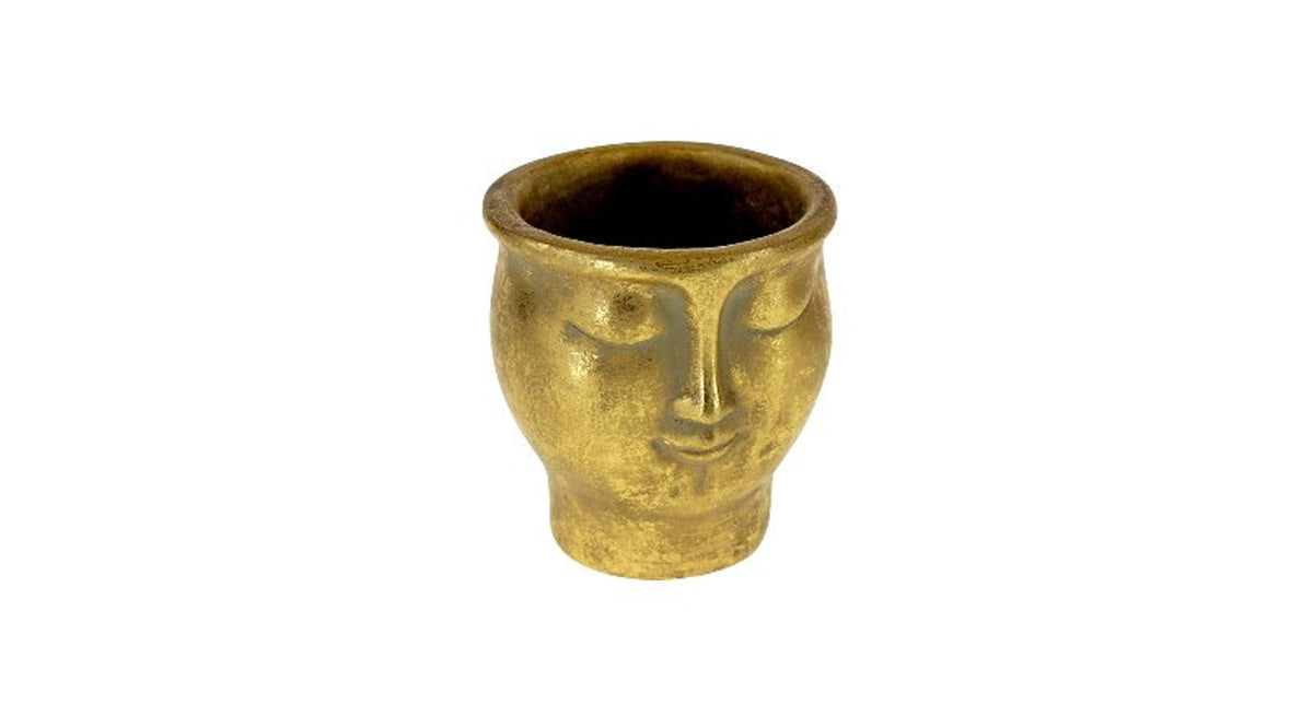 Pot cement gezicht goud 13x12.5x14 cm