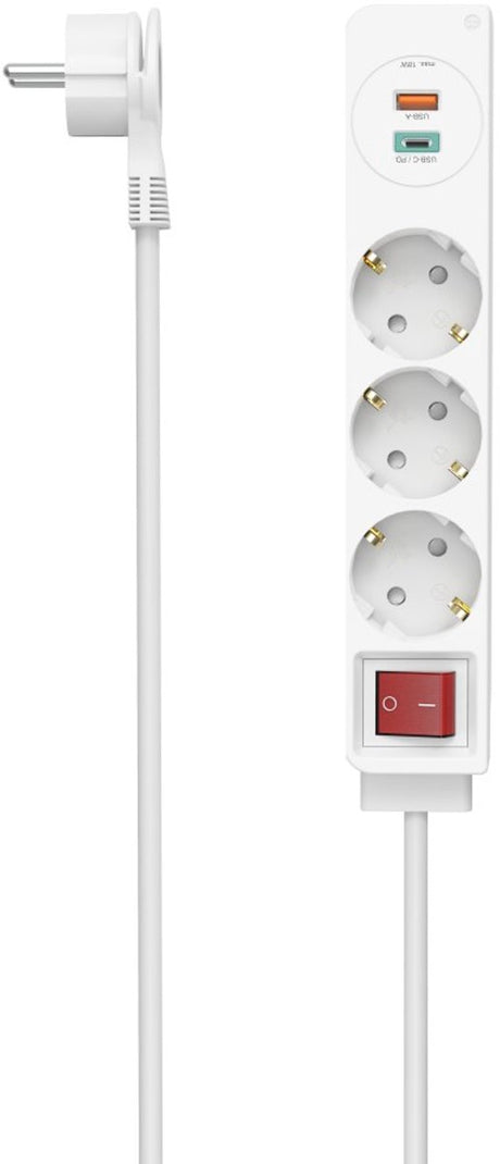 Hama Listwa zasilająca trójdrożna z włącznikiem - 1x USB-A, 1x USB-C - 1,4m. - biały