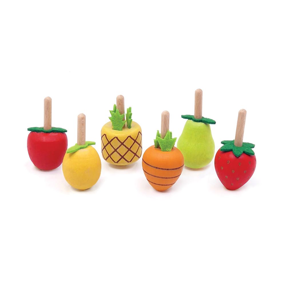 Dsp. houten tol fruit. 6 ontwerpen. 24 s