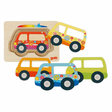 Puzzle samochodzik Goki z drewnianą warstwą, 5 szt.