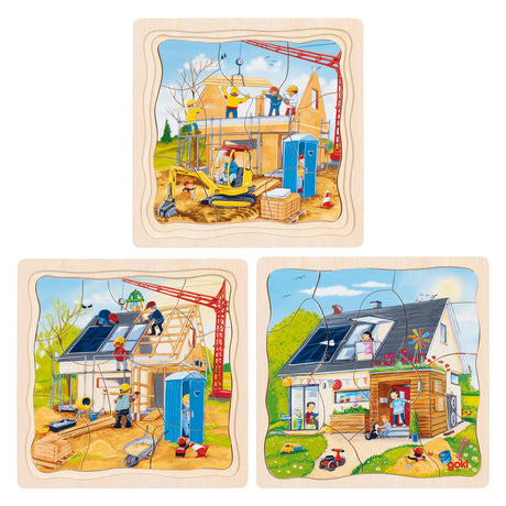 Puzzle drewniane 3-warstwowe Goki - budowa domu - 35 szt.