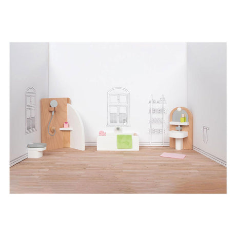 Meble do domku dla lalek Goki: designerska łazienka, 10 szt., 11,2x6,2x6cm (wanna), drewno bukowe i tkanina, 3+