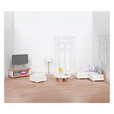 Meble do domku dla lalek Goki: designerski salon, 15 szt., 9,5x3x4cm (szafka pod telewizor), drewno bukowe i tkanina, 3+
