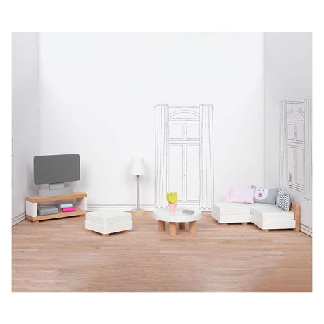 Meble do domku dla lalek Goki: designerski salon, 15 szt., 9,5x3x4cm (szafka pod telewizor), drewno bukowe i tkanina, 3+