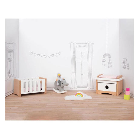 Meble do domku dla lalek Goki: designerski pokój dziecięcy, 12 szt., 10,2x6x5,5cm (łóżko), drewno bukowe i tkanina, 3+