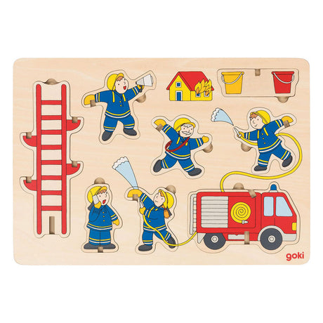 Puzzle Goki: straż pożarna 30x21x0,8cm, 9 elementów, drewno, elementy układanki pozostają w pozycji pionowej, 2+
