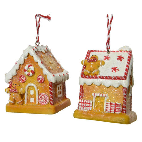 Decoris Świąteczna zawieszka cukierkowy domek z piernikowym ludzikiem z poliresyny wys. 7,5cm