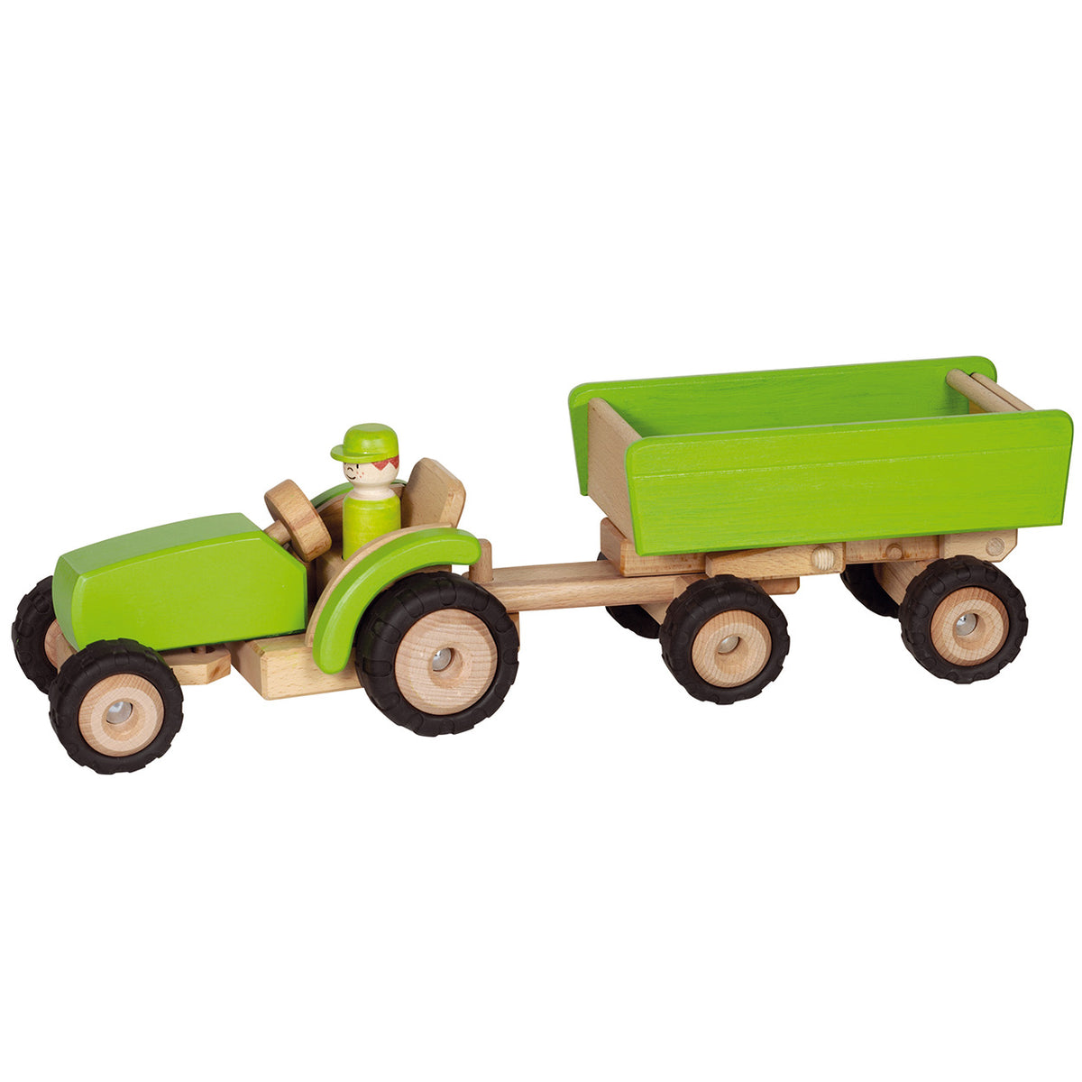 Goki drewniany traktor zielony z przyczepą