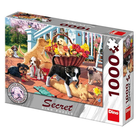 Puzzle Dinotoys przedstawiające bawiące się psy z 14 ukrytymi tajemnicami - 1000 elementów