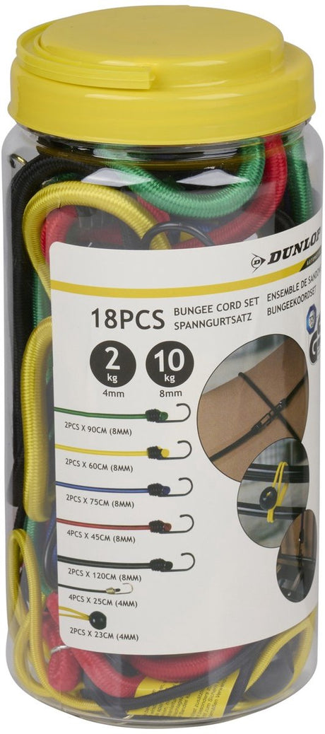 Dunlop bungee cord set 18-delig - spanbanden van polyamide - belastbaar tot 1,236 kg - tüv gs gecertificeerd - diverse lengtes - blauw en geel - 2 jaar garantie