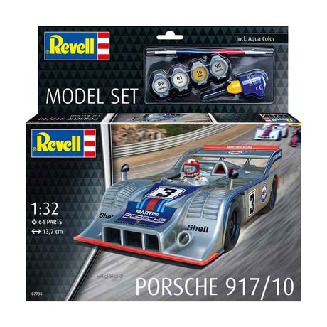 Zestaw modelarski Revell - Porsche 917 1:32 - 64 części - zawiera. Podstawowe kolory farb w kolorze aqua