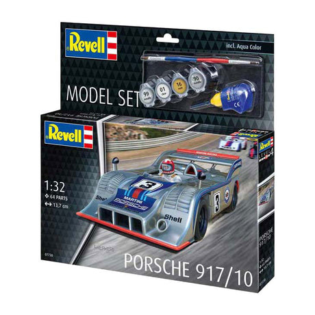 Zestaw modelarski Revell - Porsche 917 1:32 - 64 części - zawiera. Podstawowe kolory farb w kolorze aqua