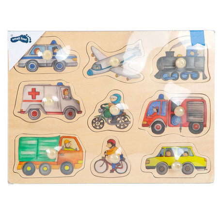 Mała stopka - drewniane puzzle na klocki pojazdy miejskie, 9 szt.