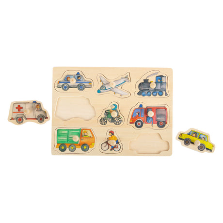 Mała stopka - drewniane puzzle na klocki pojazdy miejskie, 9 szt.
