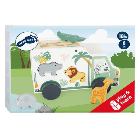 Mała stopa - drewniany sortownik kształtów jeep safari, 6 sztuk.