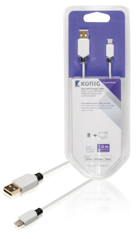 K ouml;nig knm39300w10 kabel do synchronizacji i ładowania 8-pinowy męski Lightning - USB 2.0 męski 1,00 m biały