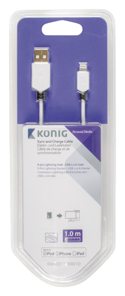 K ouml;nig knm39300w10 kabel do synchronizacji i ładowania 8-pinowy męski Lightning - USB 2.0 męski 1,00 m biały