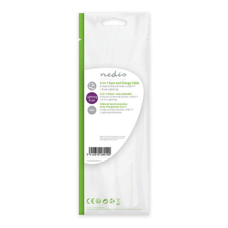 Nedis CCGP60620BK10 Kabel do synchronizacji i ładowania 3 w 1 USB-A męski – Micro B męski Type-C męski Apple Lightning 8-pinowy męski 1,0 m czarny