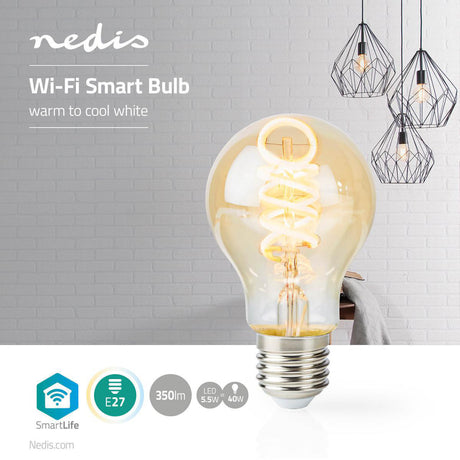 Nedis WiFilt10GDA60 WiFi Żarówka LED o barwie ciepłej do zimnej, biała Twisted E27 A60 5,5 W 350 lm