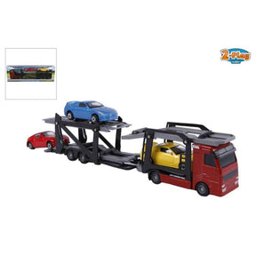 Odlewany transporter samochodowy dla 2 osób z 3 samochodami, 26 cm, wielokolorowy