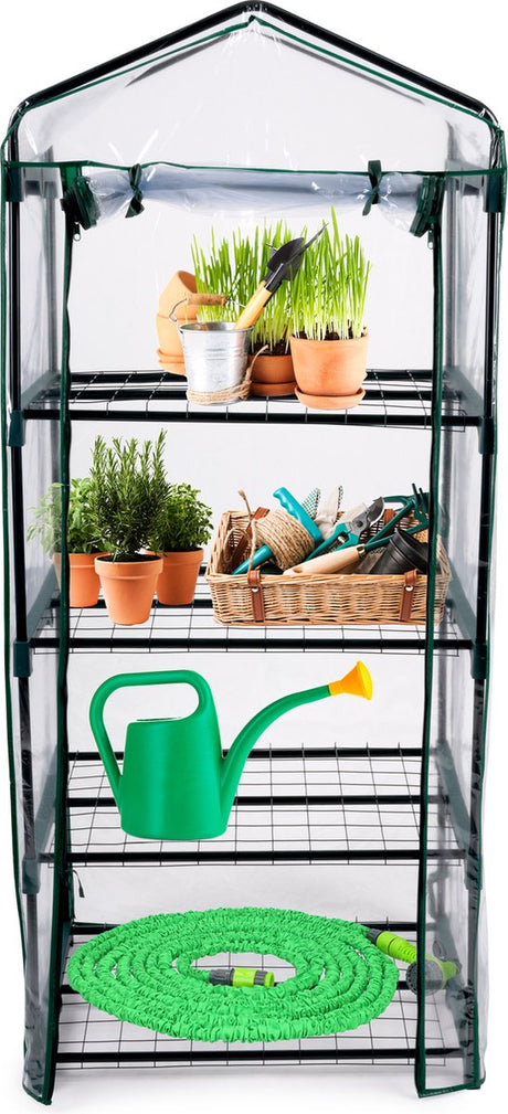 Kinzo broeikas kweekkas 69 x 49 x 160 cm - tuinkas voor groenten kweken - compacte broeikast voor kweekbak met 4 verdiepingen - transparant en groen