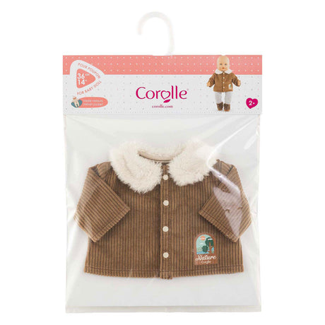 Aksamitna kurtka dla lalek Corolle Small Explorer 36 cm, brązowy polar z naturalnym nadrukiem.