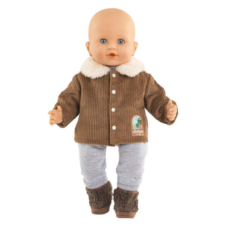 Aksamitna kurtka dla lalek Corolle Small Explorer 36 cm, brązowy polar z naturalnym nadrukiem.
