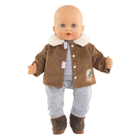 Aksamitna kurtka dla lalek Corolle Small Explorer 36 cm, brązowy polar z naturalnym nadrukiem.