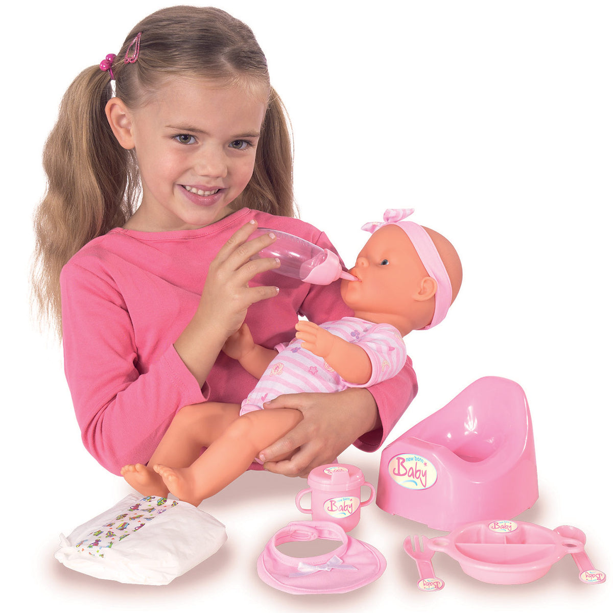 Simba - noworodek - laleczka bobas - 43 cm - oczy do spania - różowy - funkcja picia i siusiu - laleczka bobas