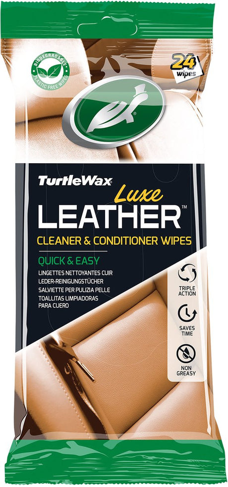 Turtle Wax luksusowe chusteczki do czyszczenia skóry - do wszystkich rodzajów skóry, gumy winylowej - do czyszczenia, pielęgnacji i ochrony - naturalny matowy efekt końcowy - w zamykanym opakowaniu - 24 chusteczki