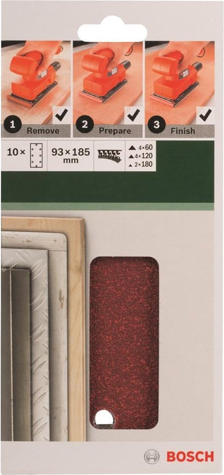 Zestaw 10 arkuszy ściernych Bosch do szlifierek oscylacyjnych 93 x 185 mm - ziarnistość 60; 120; 180