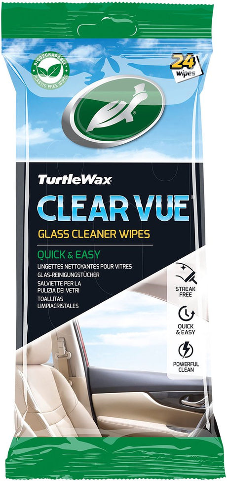 Chusteczki do czyszczenia szkła Turtle Wax Clear Vue - doskonałe czyszczenie - do powierzchni szklanych i lustrzanych - wewnątrz i na zewnątrz samochodu - w zamykanym opakowaniu - 24 chusteczki