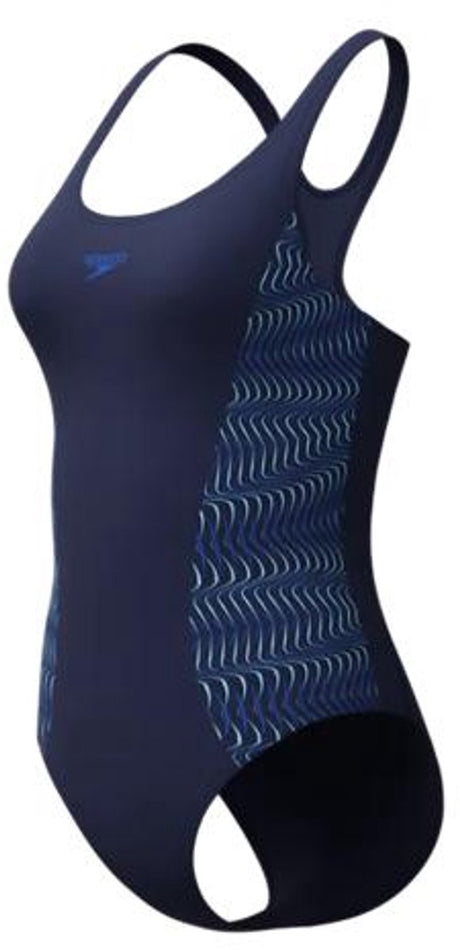 Speedo placement medalist 1 piece dames sportbadpak - badpak dames met stretch - vormvast zwempak dames - sportbadpak dames met medalist-rug - marine blauw - 36