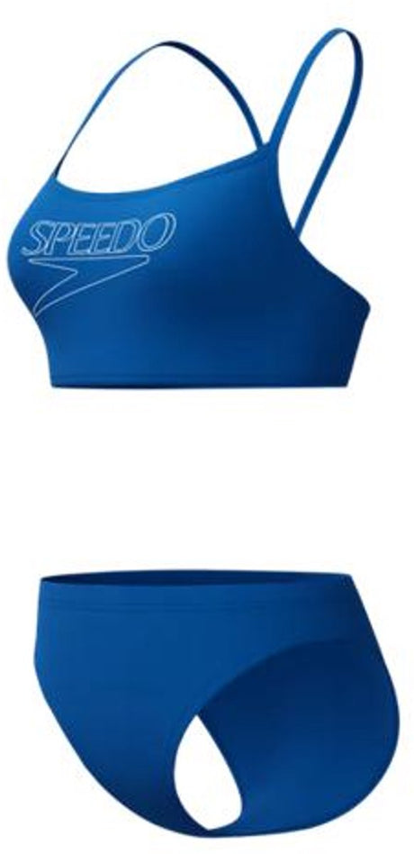 Dwuczęściowy damski sportowy strój kąpielowy z cienkim paskiem i logo Speedo Endurance - niebiesko-biały