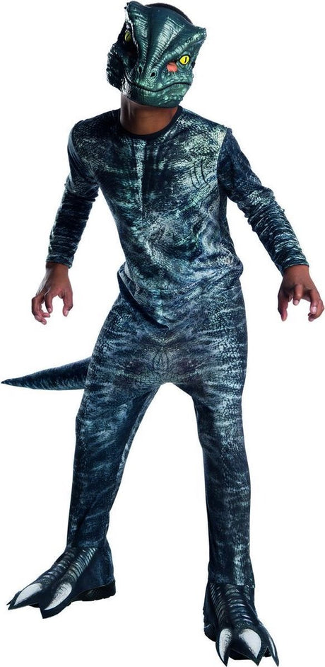 Rubiny-kostium dinozaura-świat jurajski kostium dinozaura Velociraptor dla dzieci-niebieski, szary-rozmiar 128-odzież karnawałowa-przebranie