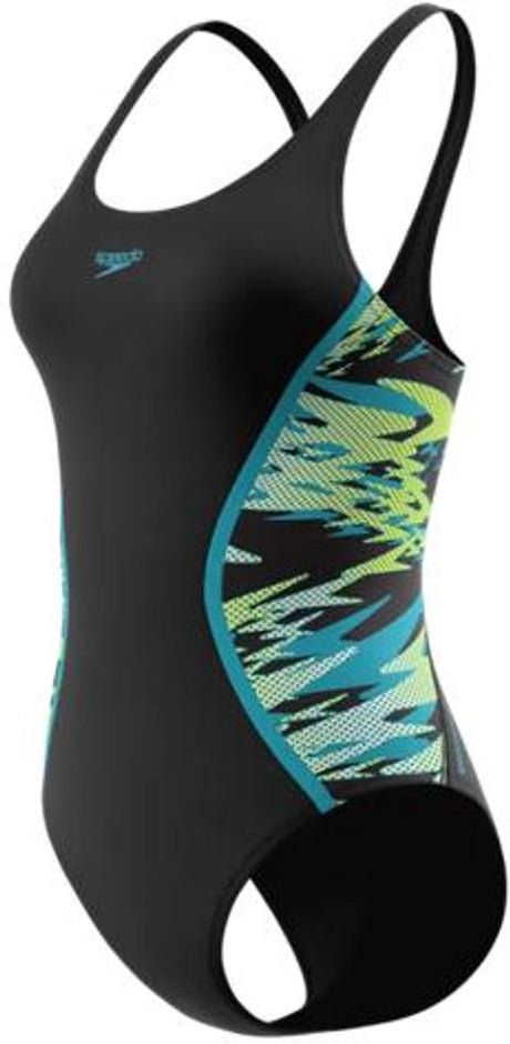 Speedo hyperboom splice muscleb 1p dames - chloorbestendig sportbadpak dames - kleurvast badpak dames - zwempak dames met muscleback - zwart groen - 42