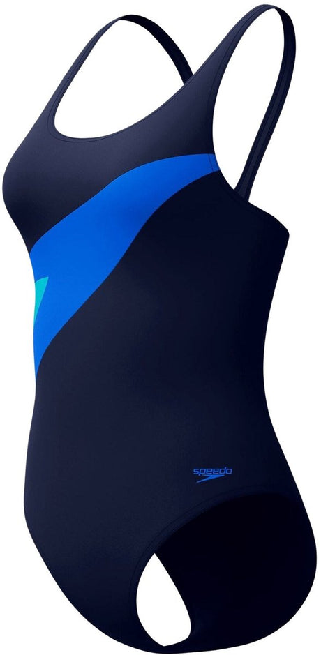 Damski sportowy strój kąpielowy Speedo Hyperboom Butterfly Back - trwały kolor damski strój kąpielowy - odporny na chlor damski strój kąpielowy - damski sportowy strój kąpielowy z motylkowym tyłem - granatowy granatowy - 38