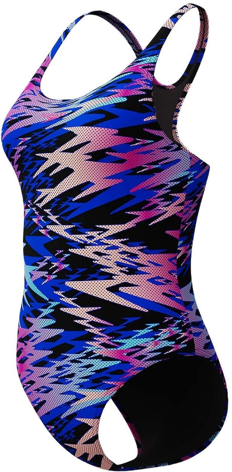 Damski sportowy strój kąpielowy Speedo hyperboom z nadrukiem medalisty - trwały kolor damski strój kąpielowy - damski strój kąpielowy odporny na chlor - damski sportowy strój kąpielowy z medalistycznym tyłem - czarny różowy - 44