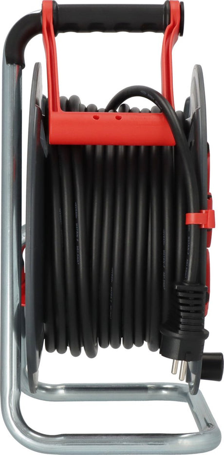 Profesjonalny bęben kablowy Brennerstuhl 300 ku 2100 (kabel 25 m w kolorze czarnym, wykonany ze specjalnego tworzywa sztucznego, do stosowania na budowach i do stałego użytku na zewnątrz, wyprodukowany w Niemczech)