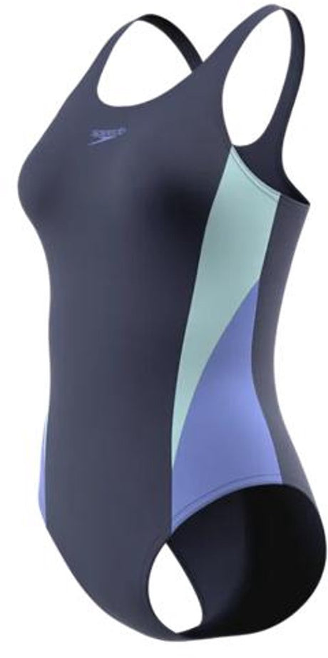 Speedo colourblock splice muscleback 1p dames - sportbadpak dames met muscleback - badpak dames met vormvaste pasvorm - zwempak dames voor fitnesstraining - marine blauw - 46