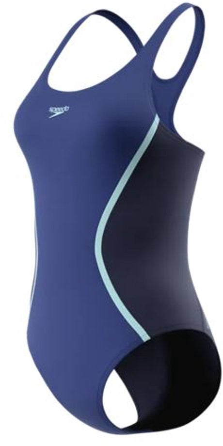 Speedo solid splice medalist 1p dames - chloorbestendig sportbadpak dames - kleurvast badpak dames met onderborstband - zwempak dames met medalist-rug - blauw blauw - 42