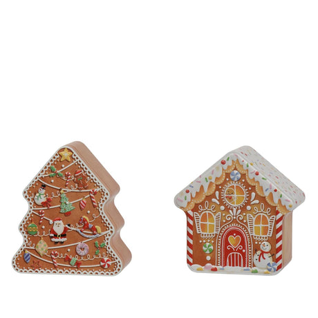 Decoris opbergblik peperkoek huis boom 14x12.2x6.2cm blik 2 assorti